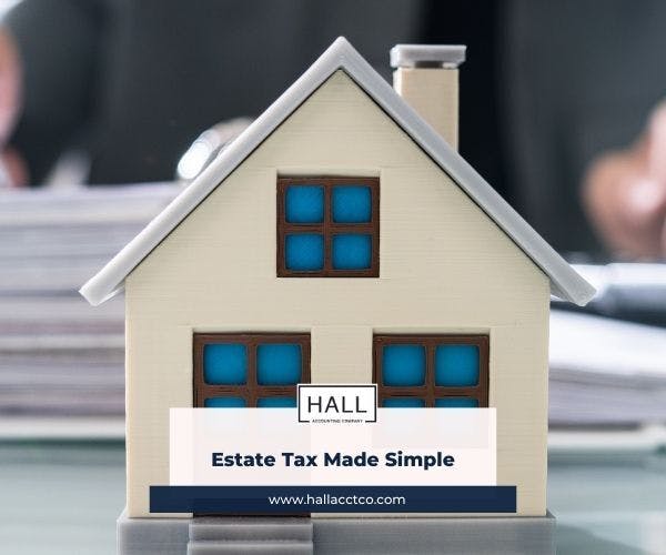 A small model house is displayed on a table, symbolizing estate planning with text that reads 'Estate Tax Made Simple'