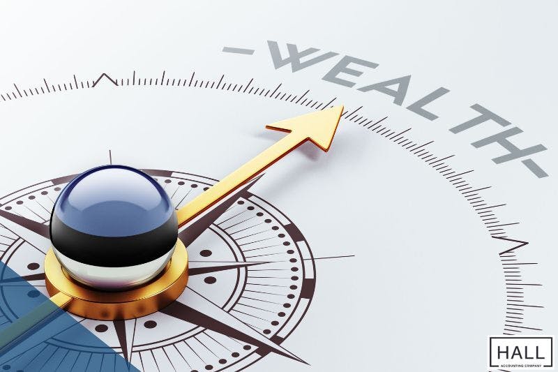 A golden compass arrow pointing to 'Wealth' symbolizing financial direction and asking does Texas have an estate tax in 2025