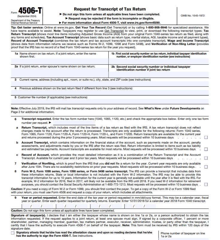 IRS Form 4506-T used for requesting tax return transcripts, essential for learning how to file back taxes without records