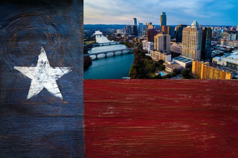 A side-by-side image of the Texas state flag and a daytime cityscape skyline