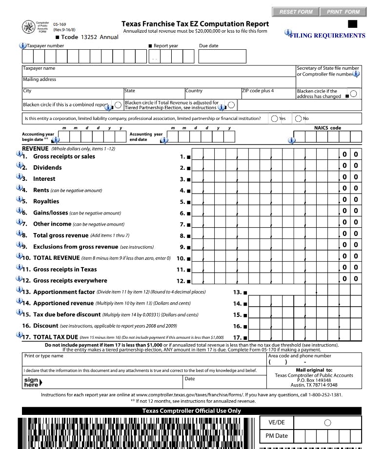 A Texas Franchise Tax EZ Computation Report form with fillable fields for tax year