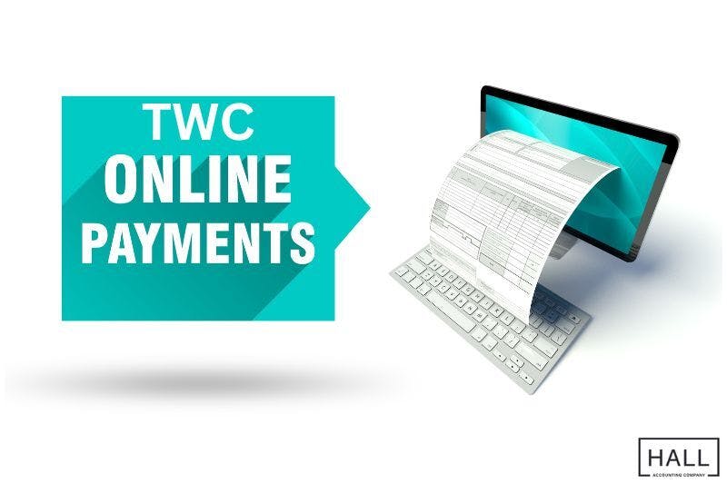 A computer with a keyboard and a document emerging from the screen with a that reads text "TWC ONLINE PAYMENTS" besides it